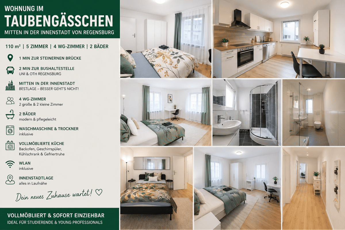 Premium WG-Zimmer in Regensburg Altstadt | Erstbezug | voll möbliert | 2 Bäder | WLAN – 93047 Regensburg – Bild 1 von 9