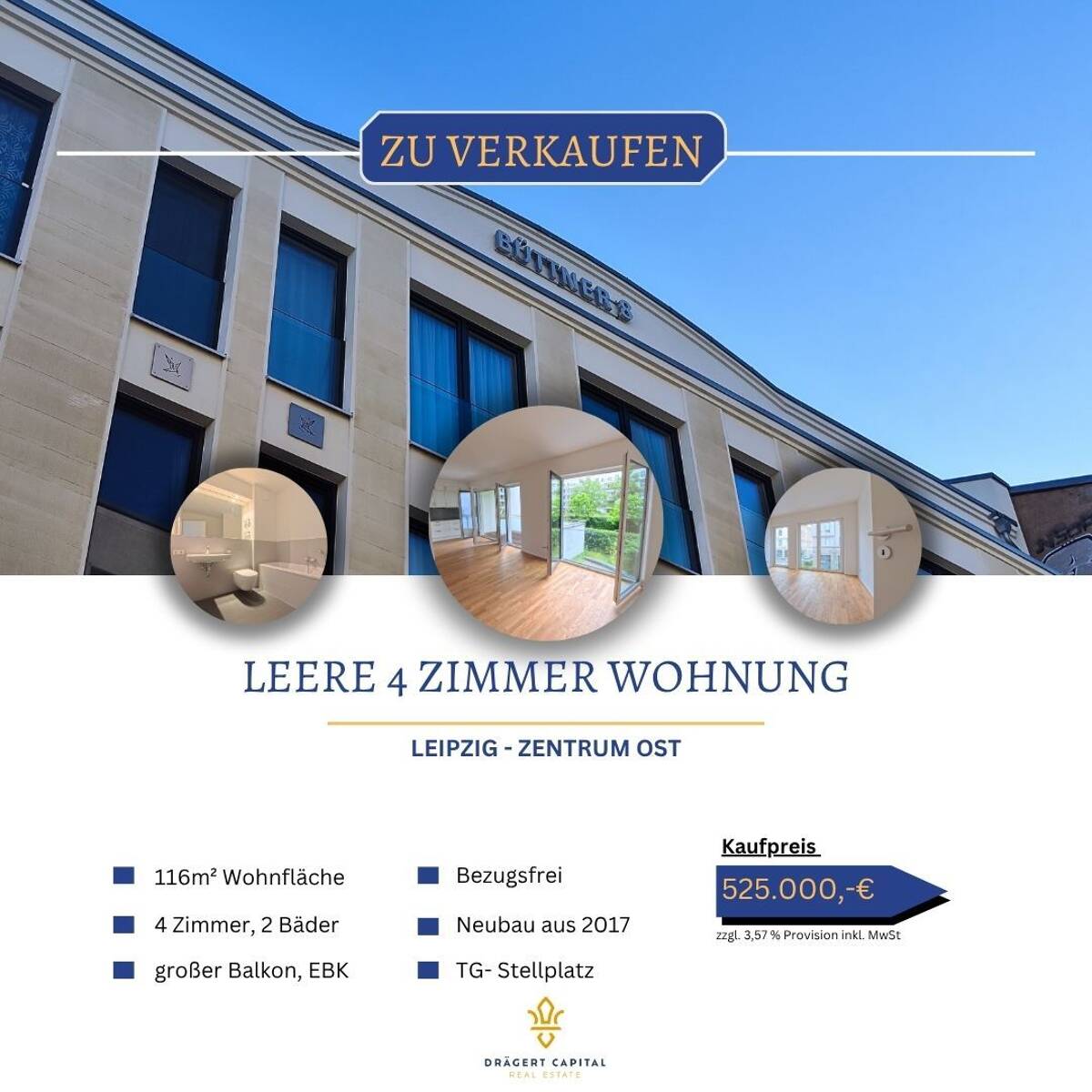 Bezugsfreie moderne 4-Zimmer-Eigentumswohnung mit 116 m² Wohnfläche, zwei Bädern & großem Balkon - ideal für Familien – 4103 Leipzig – Bild 1 von 9