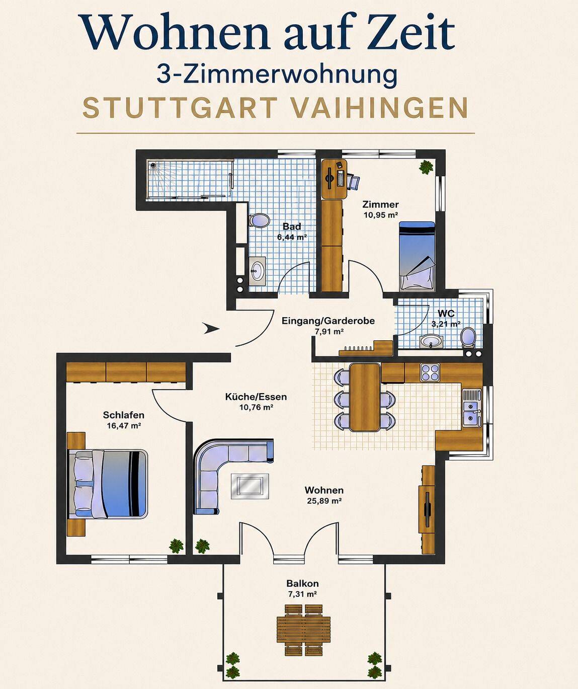 3 Zimmerwohnung | Wohnen auf Zeit in Stuttgart-Vaihingen