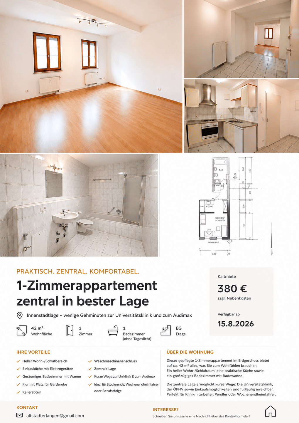 1-Zimmer Appartment in Erlanger Altstadt (unmöbliert)
