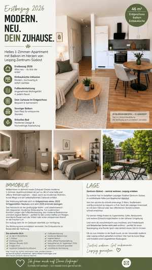 Modernes 1-Zimmer-Apartment mit Balkon – Erstbezug 2026 im Zentrum-Südost – 4103 Leipzig – Vorschaubild 1