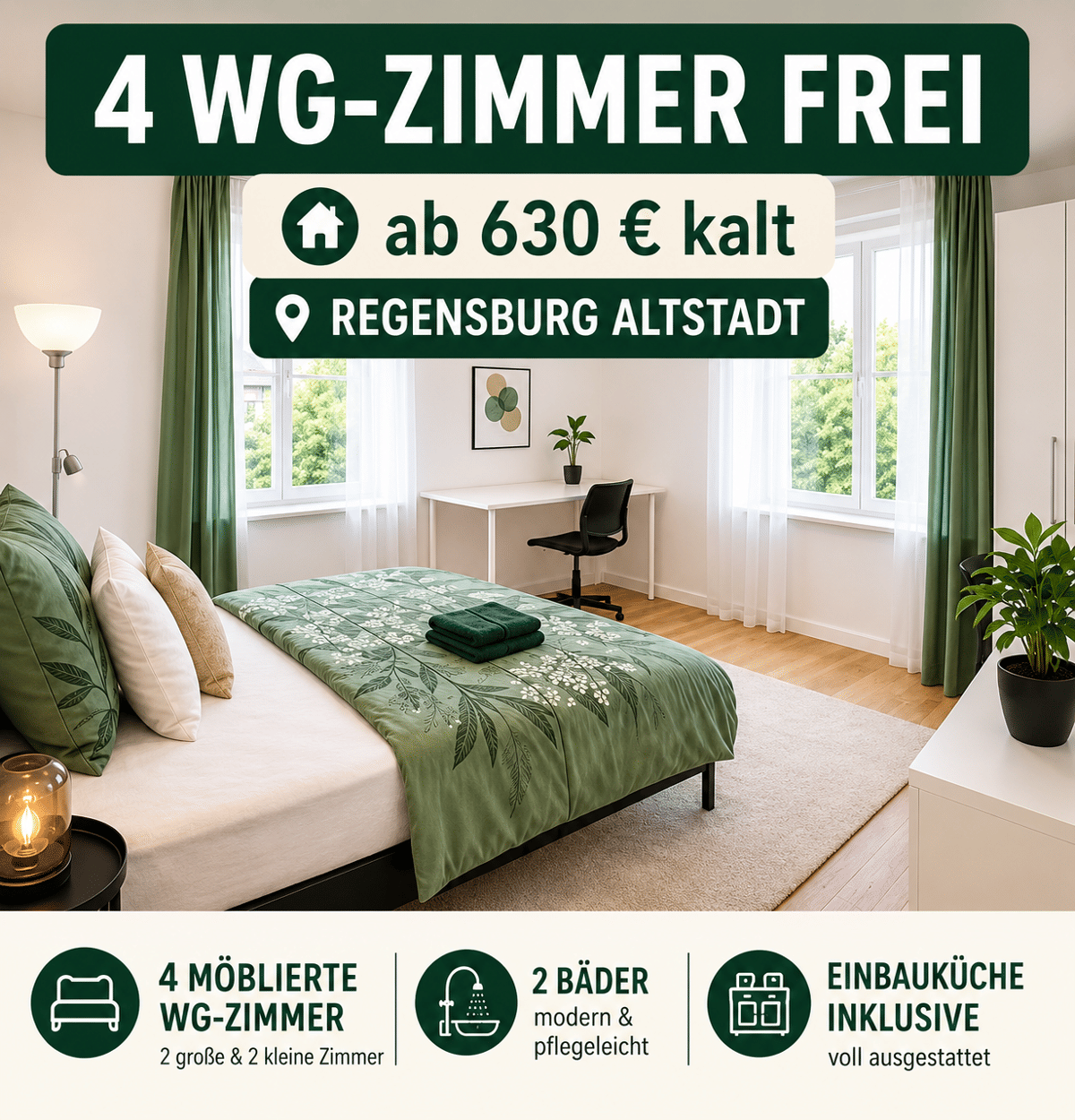 4 möblierte WG-Zimmer in Regensburg Altstadt | ab 630 € | 2 Bäder – 93047 Regensburg – Bild 1 von 9