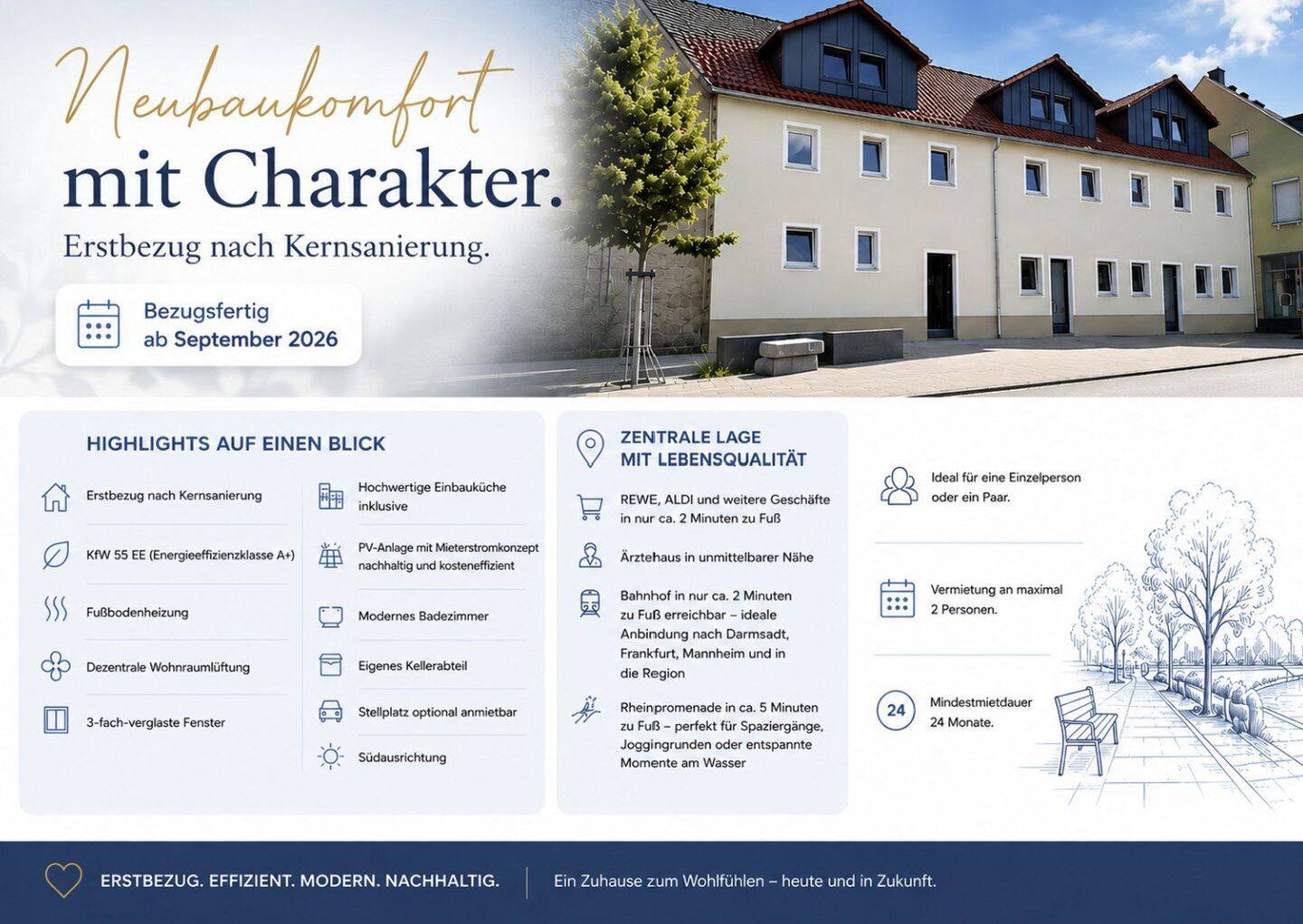 Erstbezug nach Kernsanierung | KfW55 EE | 61 m² | EG | Bahnhof 2 Min. | Bezugsfertig 10/2026