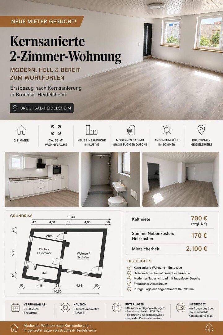 Kernsanierte 2-Zimmer-Wohnung mit großer Wohnküche in Bruchsal-Heidelsheim