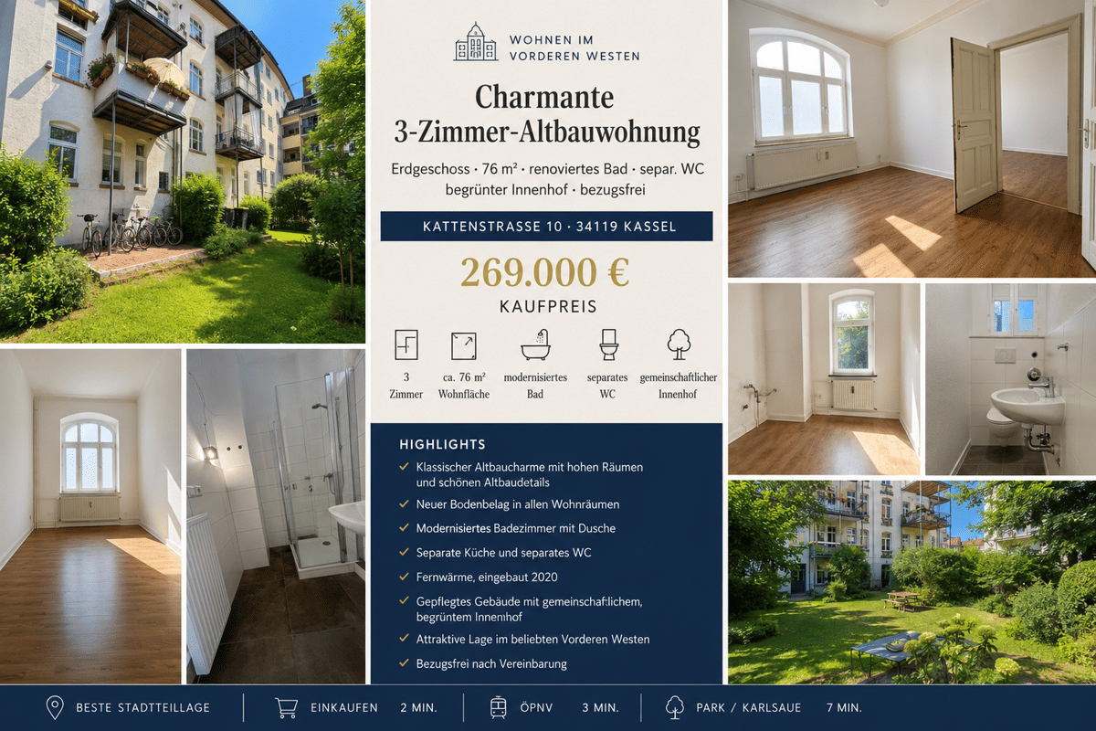 Charmante 3-Zimmer-Altbauwohnung im beliebten Vorderen Westen – 34119 Kassel – Bild 1 von 9