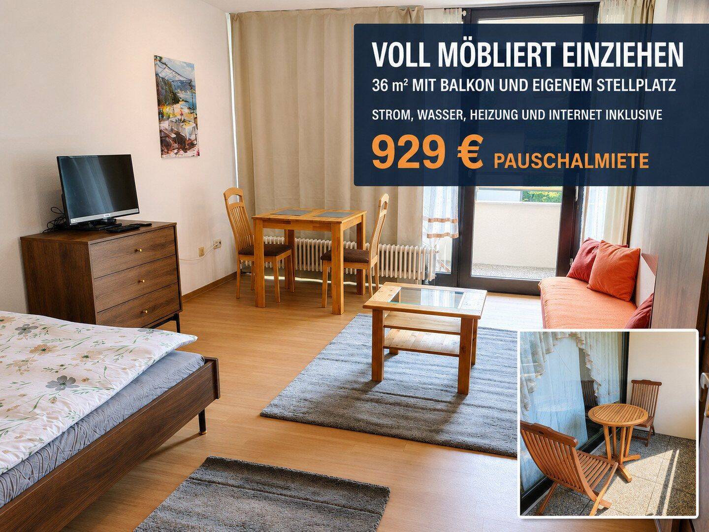 Möbliertes 1 Zimmer Apartment mit Balkon, Stellplatz und Pauschalmiete