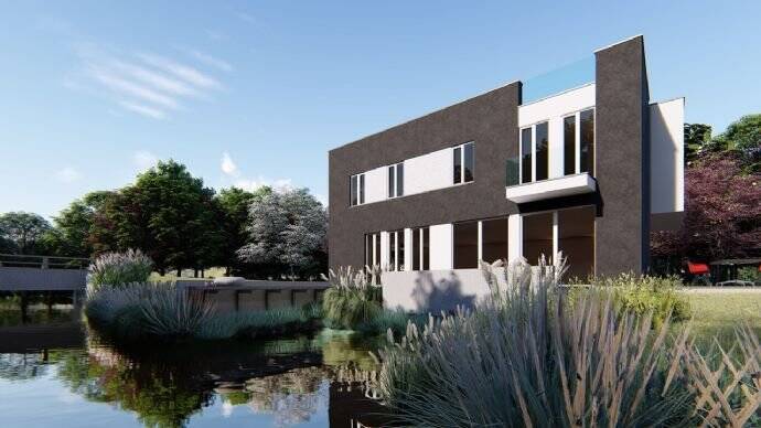 Exklusive Bauhausvilla in modernem ästhetischen Design direkt am Wasser in Neuvenedig