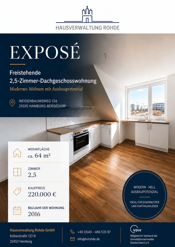 freistehende 2,5 Zimmer Dachgeschosswohnung mit offenem Wohnbereich, Dachbodenreserve und Kellerabteil in Bergedorf