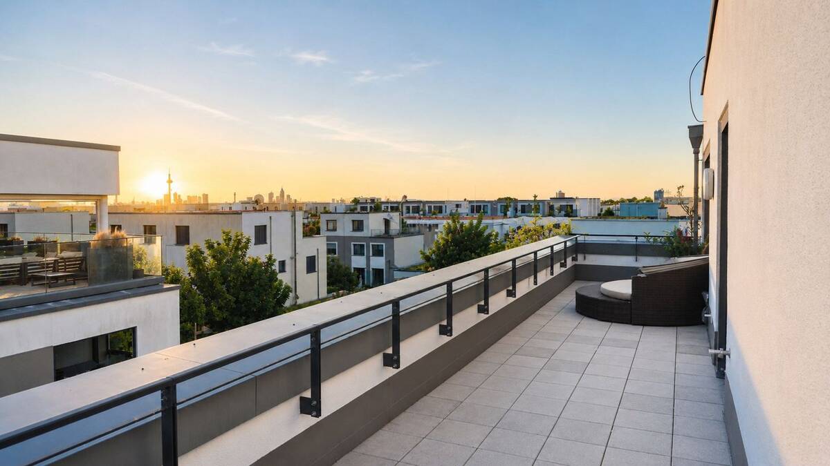 PROVISIONSFREI Penthouse 112 m², WESTFLÜGEL Riedberg, A+ Hausgeld EUR275 - 47,5m² Dachterrasse – 60438 Frankfurt am Main – Bild 1 von 9