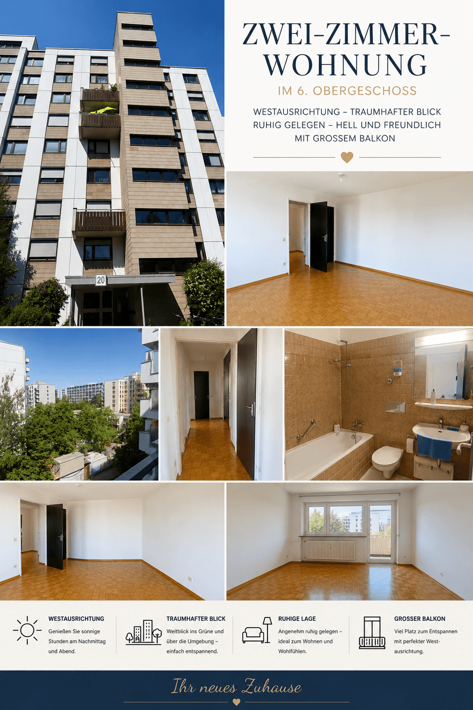 *** Toll geschnittene 2-Zimmer-Wohnung, ruhig, frei, 6.OG, großer Westbalkon, TG-Stellplatz ***