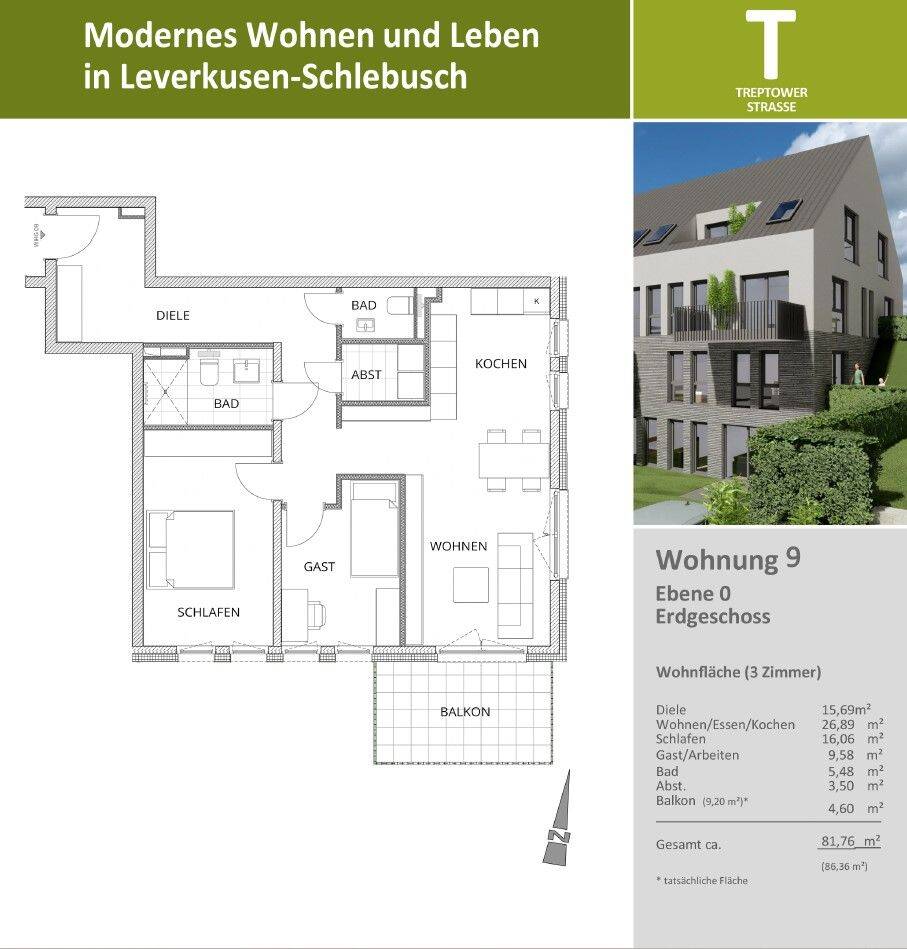 helle Wohnung in zum Innenhof mit Einzelgarage und Stromanschluss für E-Ladestation – Leverkusen – Vorschaubild 3