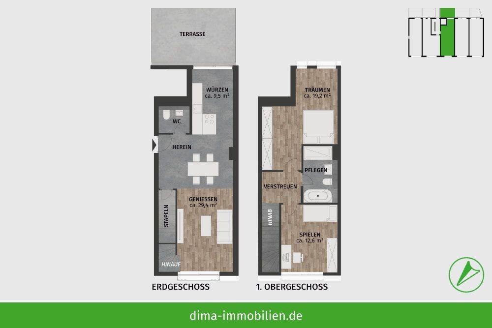 ERSTBEZUG! EG-Maisonette mit großer Terrasse, Vollbad, Gäste-WC, AR, Rollläden, Tiefgarage u.v.m. – Leipzig – Vorschaubild 2