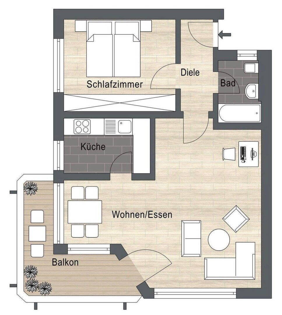 Renovierte 2-Zimmer-Wohnung mit Balkon&Tiefgarage(Erbpacht)