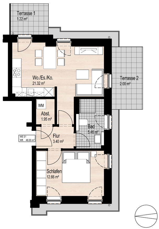 2-Zimmer-Singlewohnung mit 2 Terrassen