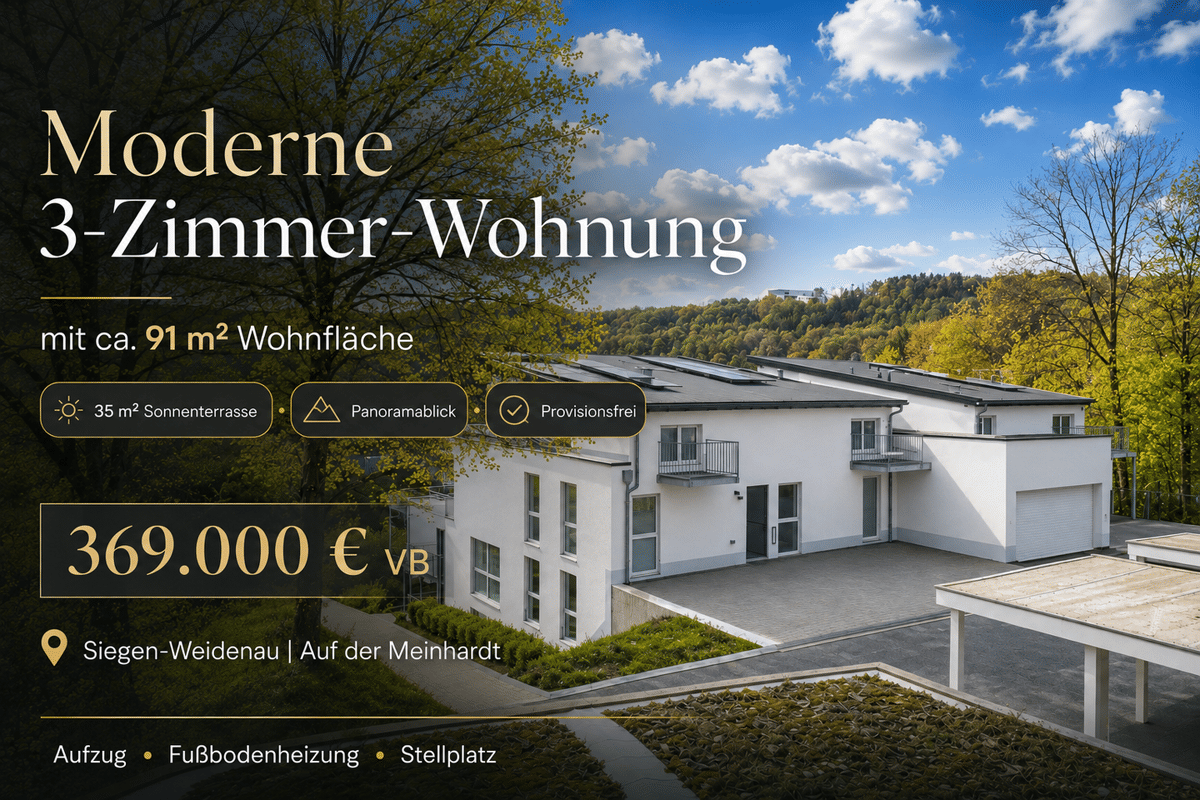 Provisionsfrei: Moderne 3-Zimmer-Wohnung mit 35 m² Sonnenterrasse & Panoramablick in Siegen-Weidenau – 57076 Siegen – Bild 1 von 9