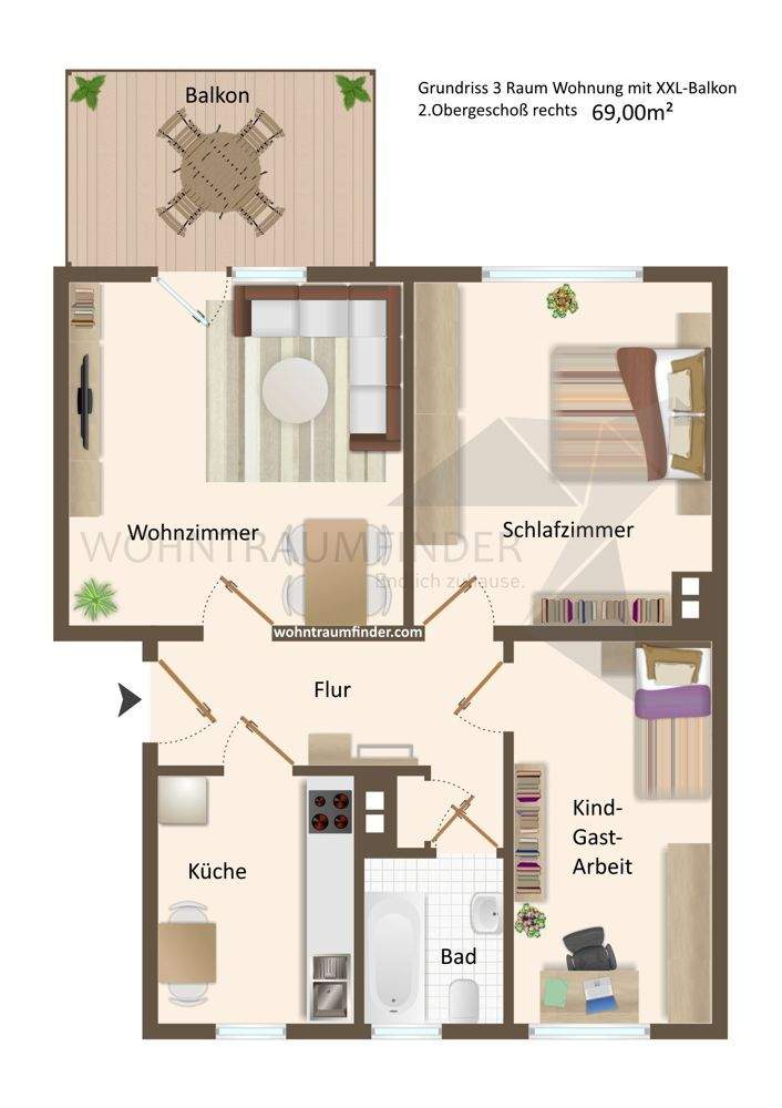 Helle, modern sanierte 3 Raum EG-Wohnung mit XXL-Balkon und Tageslichtbad – Chemnitz – Vorschaubild 2
