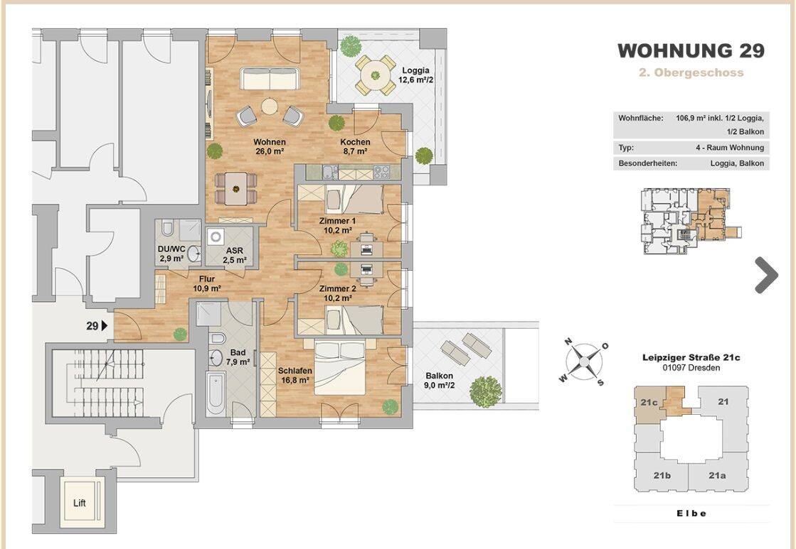 * Erstbezug HafenCity - moderne 4 Raumwohnung mit großer Loggia und schönem Blick * – Dresden – Vorschaubild 2