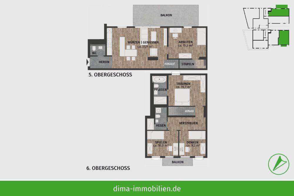 ERSTBEZUG! DG-Maisonette mit gr. Balkon, Vollbad en Suite, Gäste-Bad, Aufzug, Tiefgarage u.v.m. – Leipzig – Vorschaubild 2