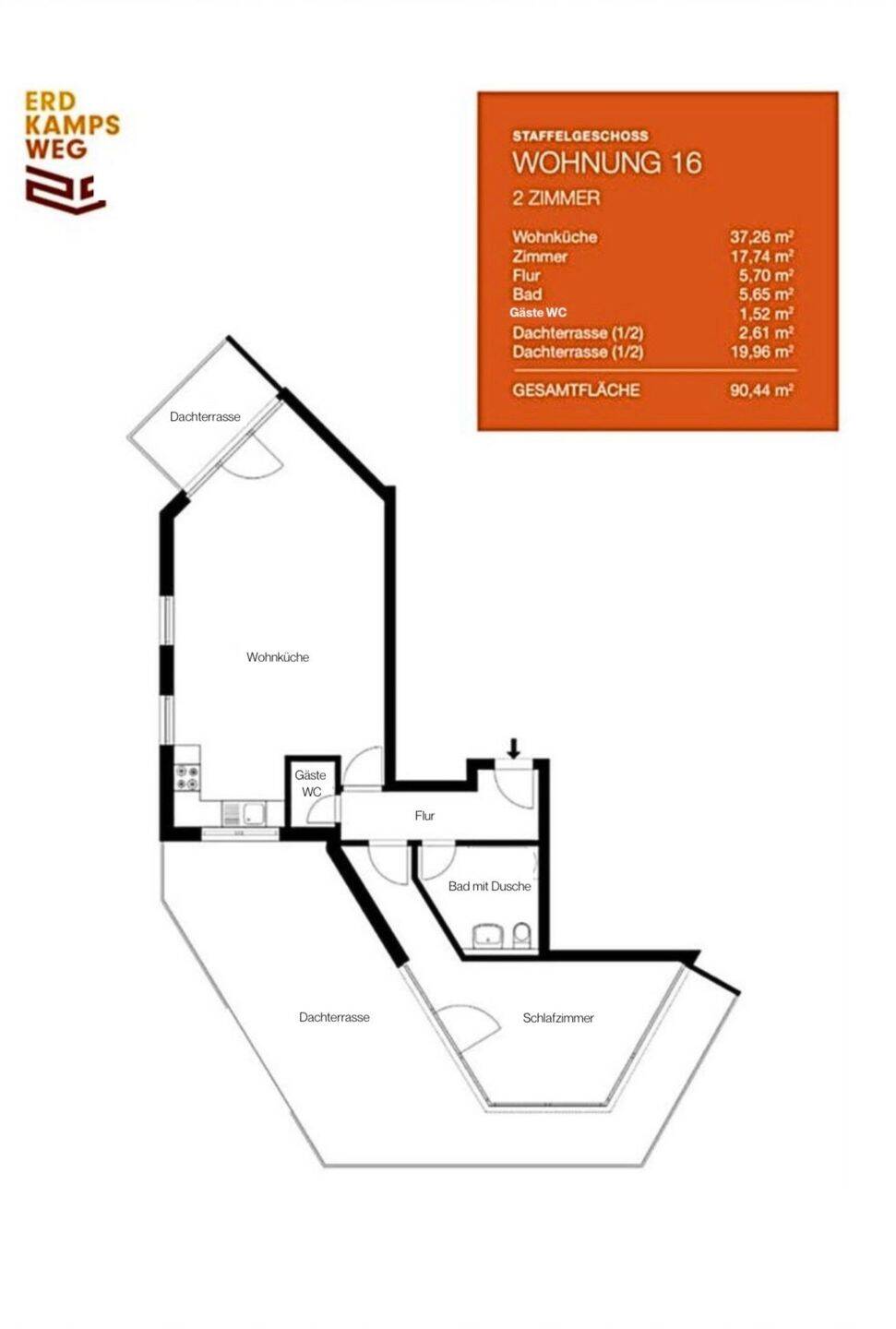 Penthouse Wohnung mit 2 Zimmern im Erdkampsweg