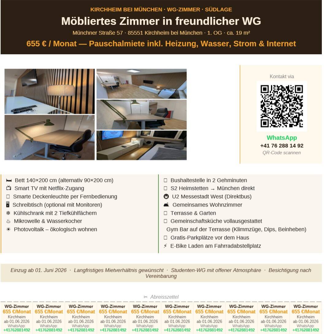 Voll möbliertes 19m² Zimmer – Bad 2026 NEU – Eigener Kühlschrank