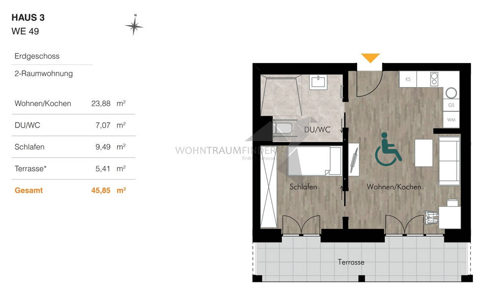 Wunderschöne 2 Raum EG-Wohnung mit Terrasse, Einbauküche und tollem Bad (barrierefrei-Rolligerecht) – Chemnitz – Vorschaubild 2
