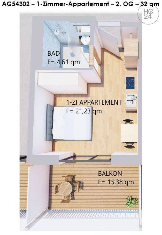Möbliertes, helles 1-Zimmer-Apartement mit Balkon im 2. OG in Kaufbeuren