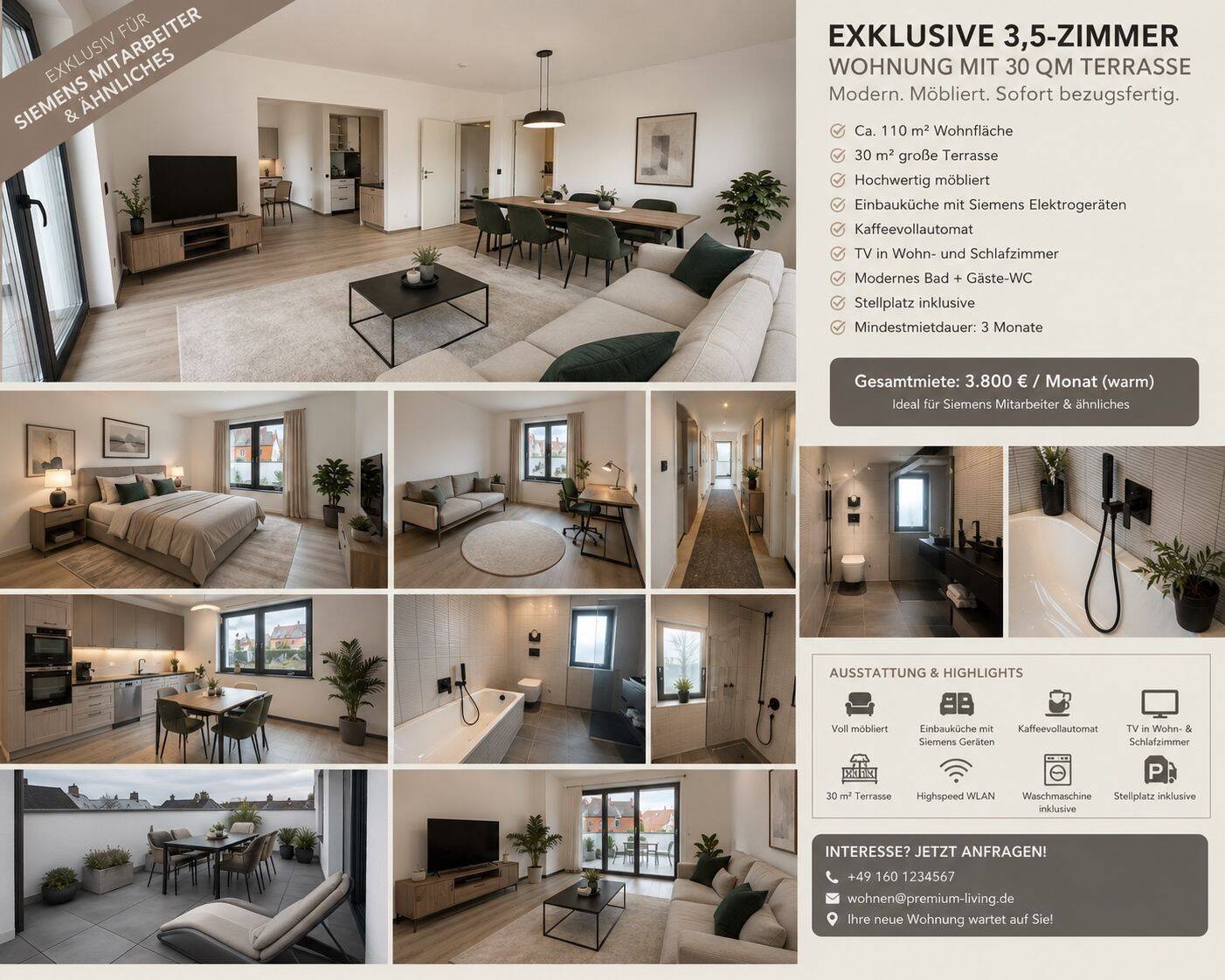 Exklusive möblierte 4-Zimmer-Wohnung mit 30 m² Terrasse – Nürnberg – Vorschaubild 2