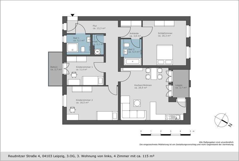 Erstbezug in Citynaher Wohnlage - hochwertige 3 Zimmer Wohnung mit Balkon – Leipzig – Vorschaubild 2