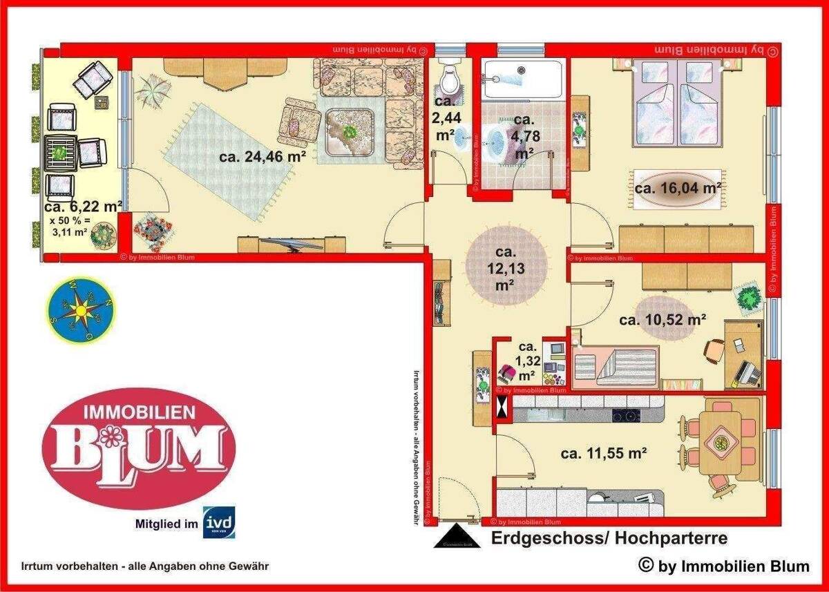 helle, großzügig geschnittene 3-Zimmer-Mietwohnung mit Einbauküche, großer Loggia und Garage in ruhiger und beliebter Wohnlage von LU-Oggersheim – 67071 Ludwigshafen am Rhein – Bild 1 von 9