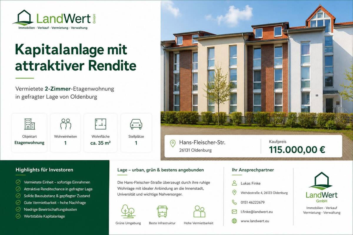 Langzeit vermietet. attraktive Kapitalanlage: 2 Zimmer auf ca. 35 m². – 26133 Oldenburg – Bild 1 von 1