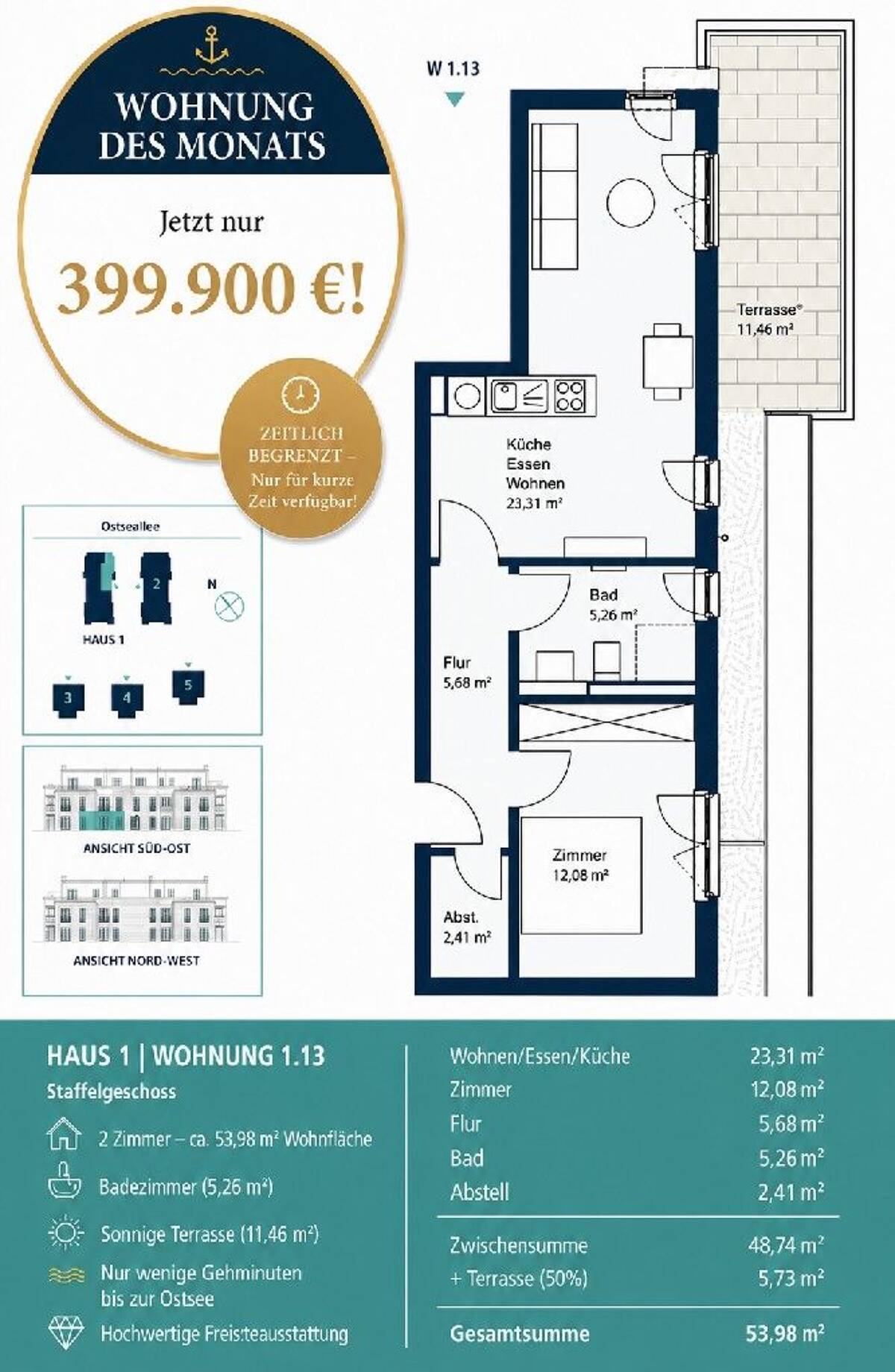 gemütliche 2-Zimmer-Wohnung mit Dachterasse in Strandnähe – 23946 Boltenhagen – Bild 1 von 6