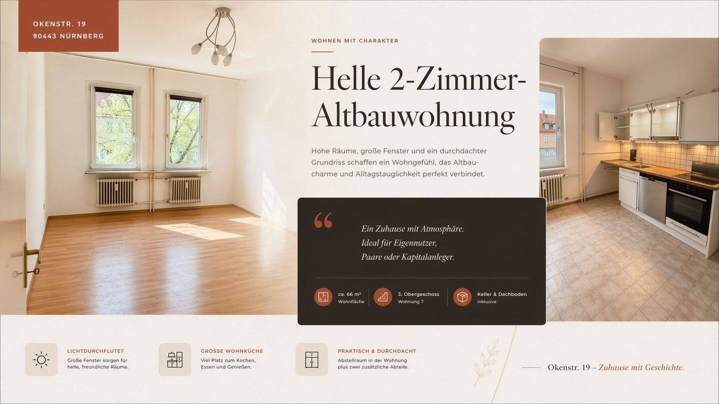 Sonnige 2-Zimmer-Eigentumswohnung im Altbau, 3. OG, ca. 66 m2, Keller & Dachboden