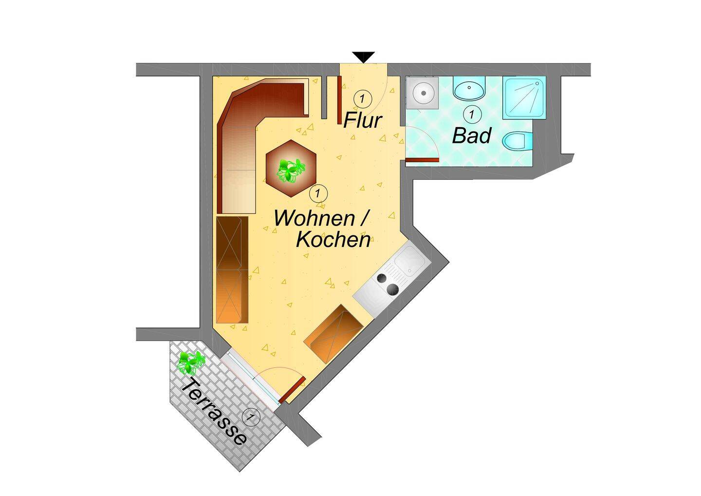 1 Raum -Studenten Appartment mit Terrasse-