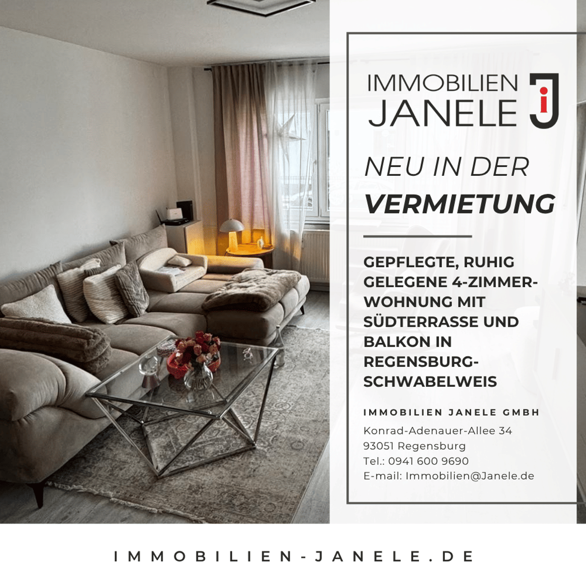 Gepflegte, ruhig gelegene 4-Zimmer-Wohnung mit Südterrasse und Balkon in Regensburg-Schwabelweis – 93055 Regensburg – Bild 1 von 9