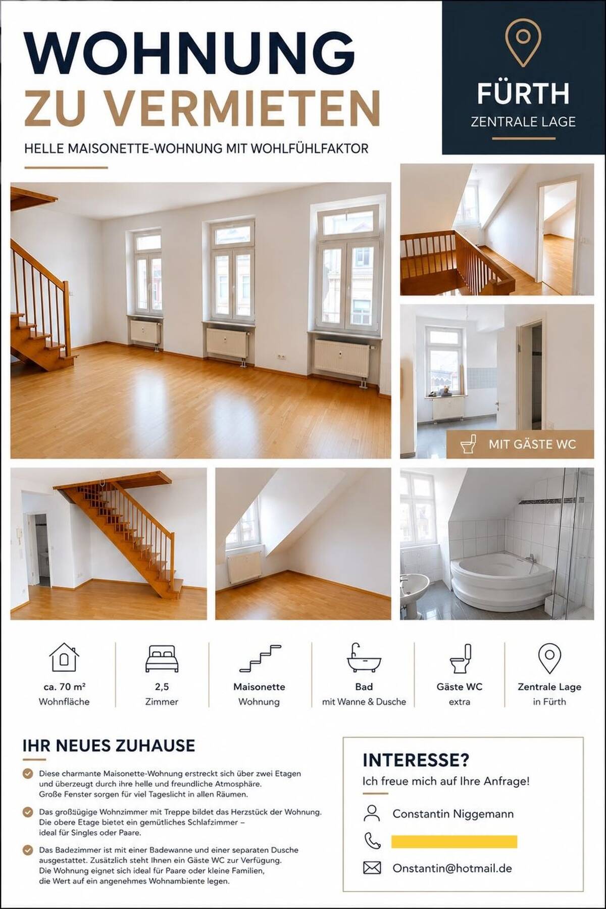 2,5 Z. Maisonette Wohnung an der Uferpromenade – 90762 Fürth – Bild 1 von 9