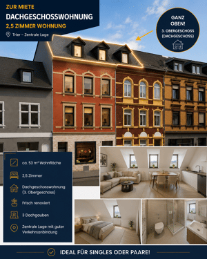 Ab sofort bezugsfrei / 2,5-Zimmerwohnung / Einbauküche / 3. Obergeschoss (Dachgeschoss) / ohne Aufzug – 54292 Trier – Vorschaubild 1