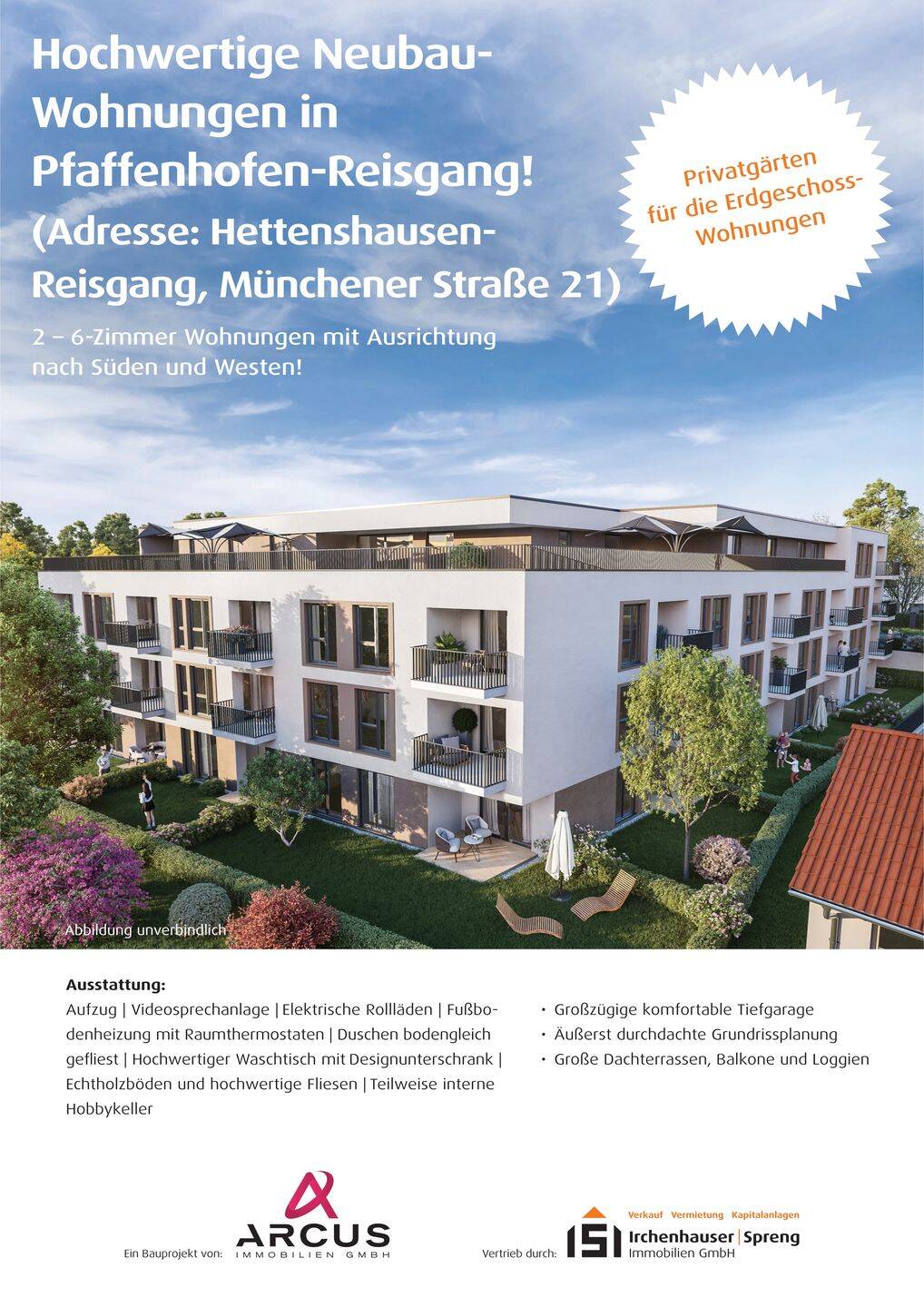 Pfaffenhofen-Reisgang! 3-ZKB EG-Whg. mit Süd-Garten! FBH, elektr. Rollläd., Videosprechanl., Tiefg.!