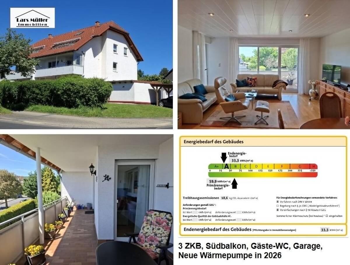 Zukunftssicher aufgestellt mit neuer Wärmepumpe: Gepflegte Eigentumswohnung mit 3 ZKB, Gäste-WC, Südbalkon und Garage in kleiner WEG – 34128 Kassel – Bild 1 von 9