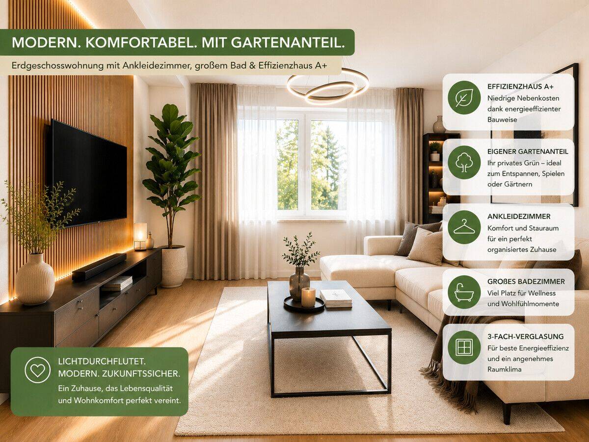 Energieeffiziente Erdgeschosswohnung (A+) mit Gartenanteil, Ankleidezimmer und großem Badezimmer