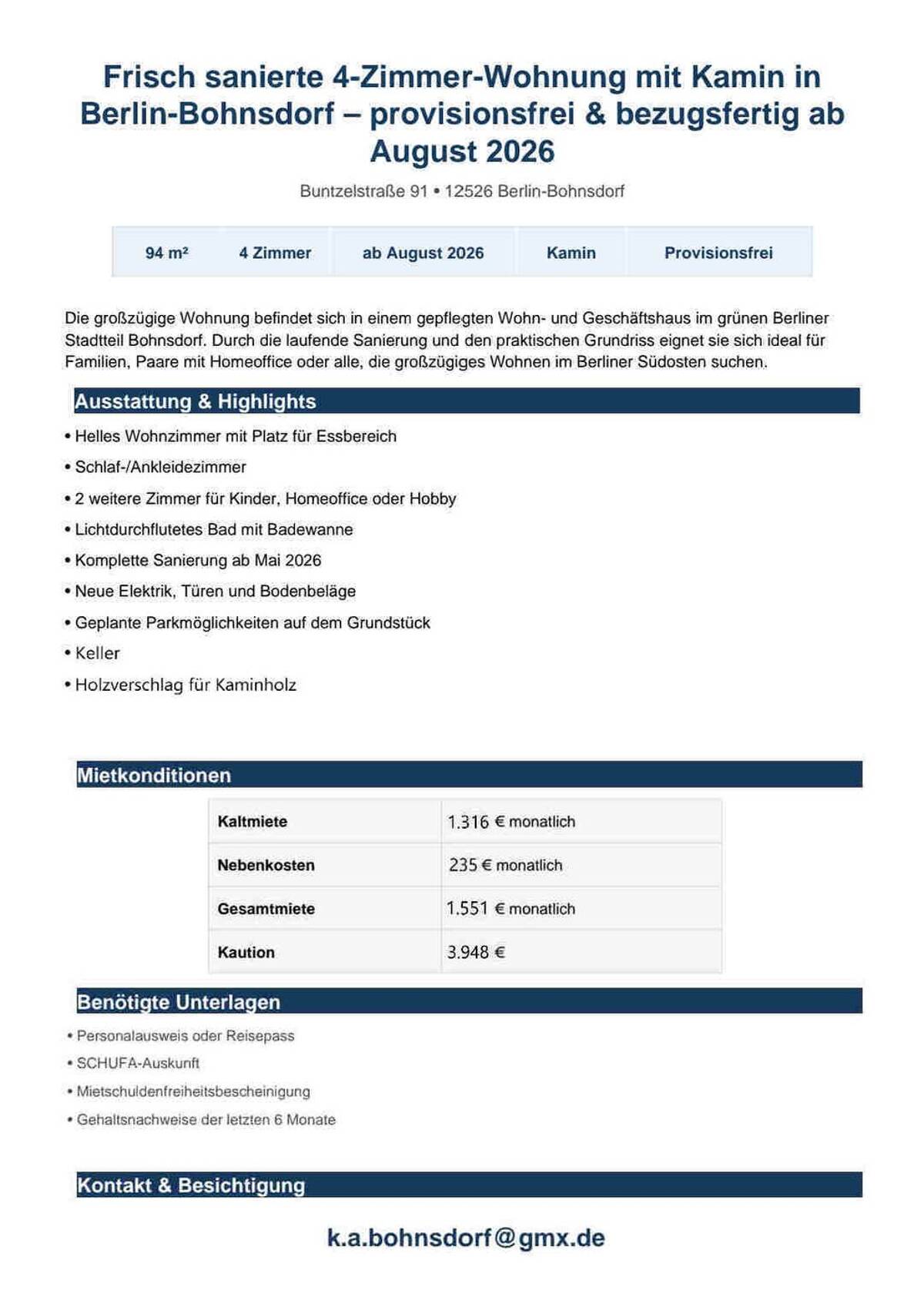 4-Zimmer-Wohnung-94 m²-Renoviert-Provisionsfrei-Kamin-ab 09.2026-Mieten – 12526 Berlin – Bild 1 von 9