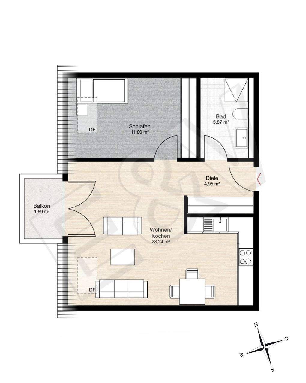 KfW55 Erstbezug 2 Zimmer Wohnung mit Balkon und Tiefgarage DG