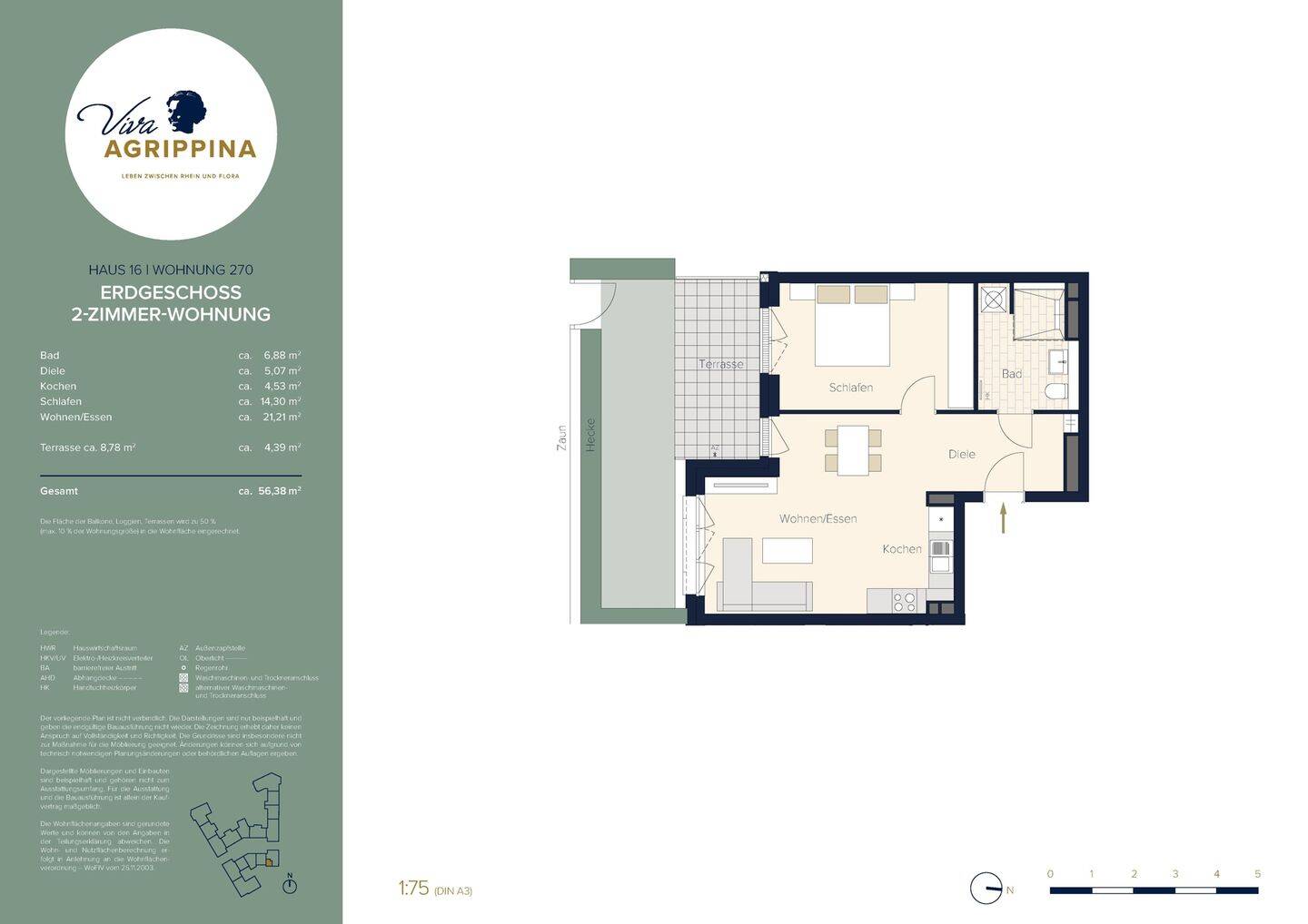 Viva Agrippina: 2-Zimmer-Wohnung mit Terrasse & Garten, 56,38 m² im Erdgeschoss – Köln – Vorschaubild 2